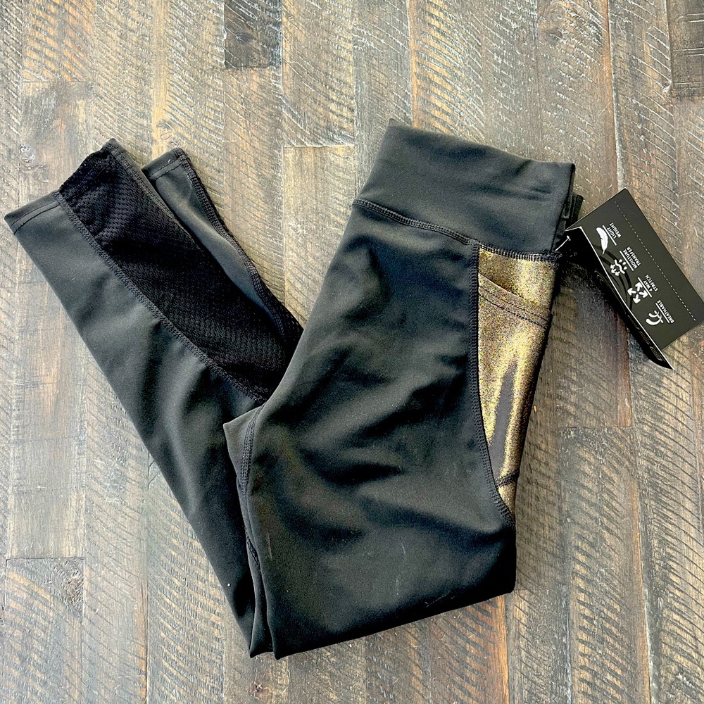 BSP Better Sports Performance Black Leggings Capri Gold Sheer Netting S NWT